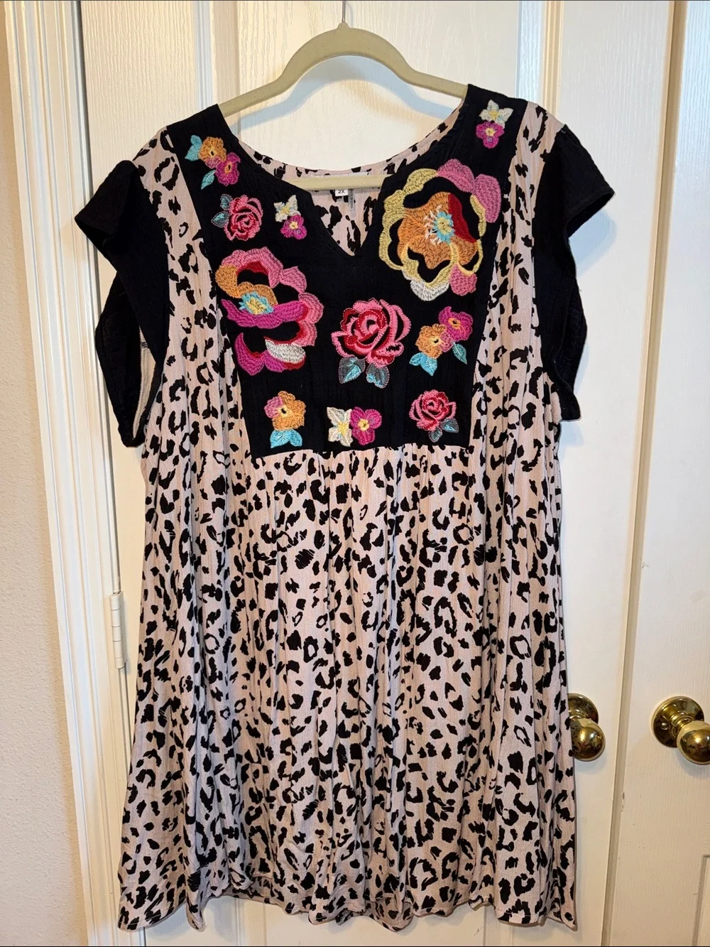 Embroidered Floral & Leopard Print Mini Dress - Pink/Black